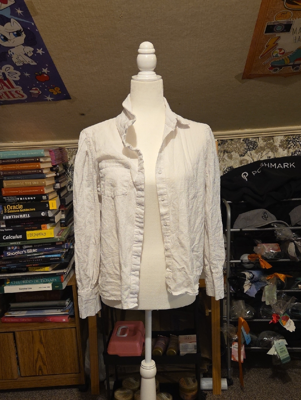 Puffed Sleeves White Button Up Shirt Womens Medium